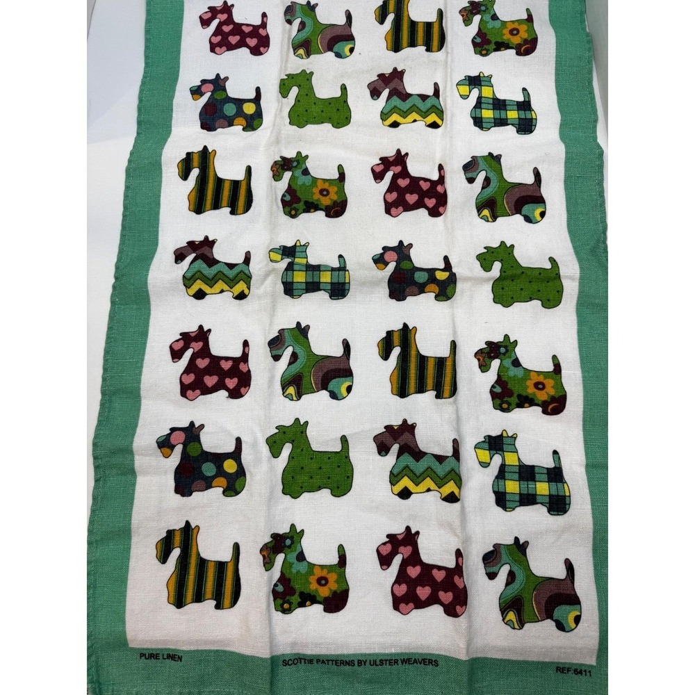 Vintage Ulster Weavers Scottie Patterns Pure Linen Tea Towel Green White Dog